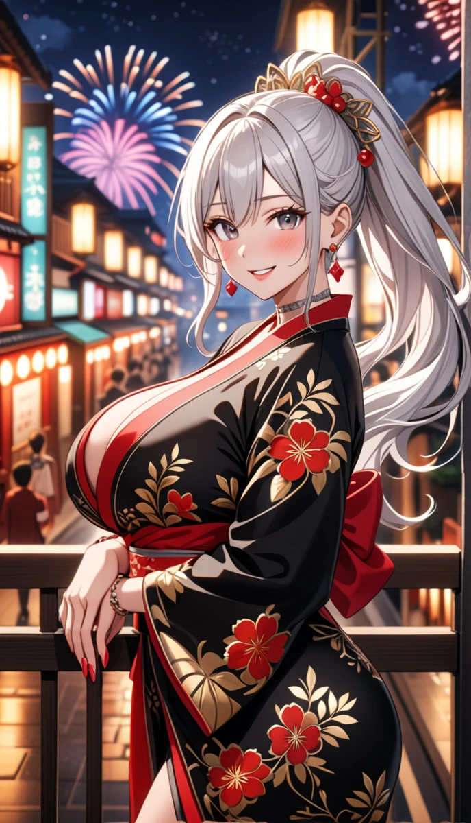 ((One personの女性)), Beautiful Face, (Laughing embarrassedly), (seductive smile:1.4), ((Wink:1.6)), (head tilt:1.3), Laugh with your mouth wide open, upper teeth, looking at viewer, ((full-face blush:1.6)),Glossy Red Lips,Night view, High terrace, firework, Glossy red lips, Shining Face, ((Anime style background)),masterpiece, Highest quality, so beautiful,up to date, Complex details, (Pink long nails),(ring),(bracelet),(Floral choker),AI-generated, Complex,High resolution, Highest quality, super high quality,3D Images、3D Images,One person,Long white hair,High Ponytail, Anime woman posing for a photo,((silver eyes:1.5)), ((Fine grain、Silver Eyes、Shining Eyes:1.3)), (Squint your eyes:1.1),a hyperRealistic , hyperRealistic , Realistic,Anime woman with long white hair, Smooth anime CG art, A woman in a colorful kimono with gold embroidery, ((Black long sleeve kimono)),Red floral pattern,Long flower hair ornament,Earrings,Mature Body,((huge breasts:1.3)), Tall,Abdominal muscles, Tight waist, (Leaning forward), (full body:1.3), (hip focus:1.2), ((looking back)),