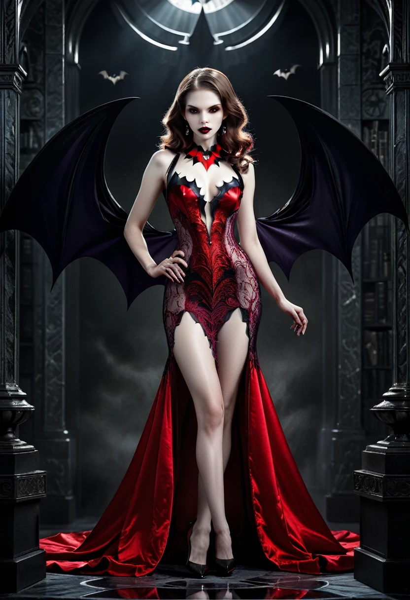 fantasy art deco (art deco: 1.5) A (black and white: 1.5) glamours (vampire: 1.5) model shot, RAW, award winning, of an exquisite beautiful 1solo female vampire, ultra feminine, full body, busty woman, most beautiful face ultra detailed face, ((long twin tails: 1.3)), pale skin, glowing (red: 1.3) eyes, wearing (lavender: 1.5) silk glamour intricate dress, wearing intricate high heels, light make up, ancient library background, (black and white filter: 1.4), (anatomically correct: 1.4), 1960s photoshoot style, picture taken from dynamic range, vibrant, Ultra-high resolution, High Contrast, (masterpiece:1.5), highest quality, Best aesthetics), best details, best quality, highres, ultra wide angle, 16k, [ultra detailed], masterpiece, best quality, (extremely detailed), Intense Gaze, dark novel, mega twintails