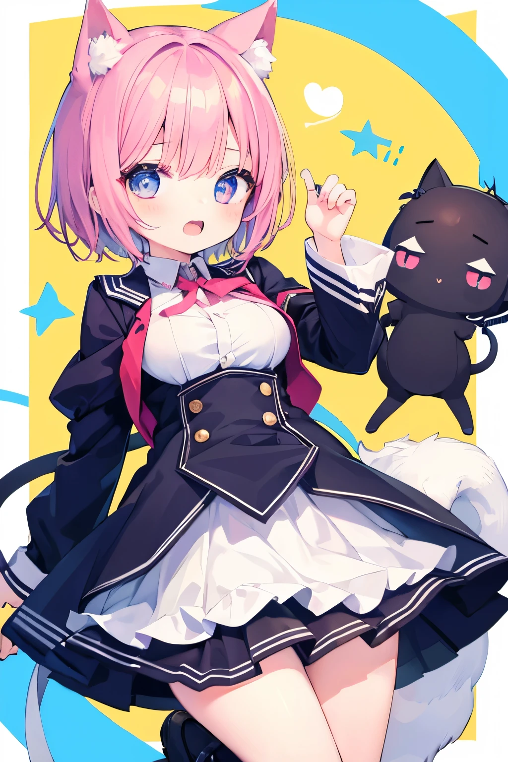 Navy uniform、Very beautiful and Shining Eyes、Shining Eyes、1 girl、Small breasts、Big Mouth、high school girl、Large Breasts、Cat ear、Transparent pink short hair、