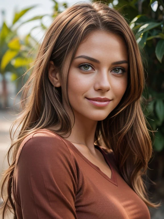 RAW photo, Portrait of a beautiful light brown smiling woman in a red shirt (high detail skin:1.2), 8K UHD, Digital SLR, Soft lighting, High quality, filmgrain, Fujifilm XT3, perfect figure beautiful woman:1.4, Slim abs:1.1, ((Long light brown hair green eyes))