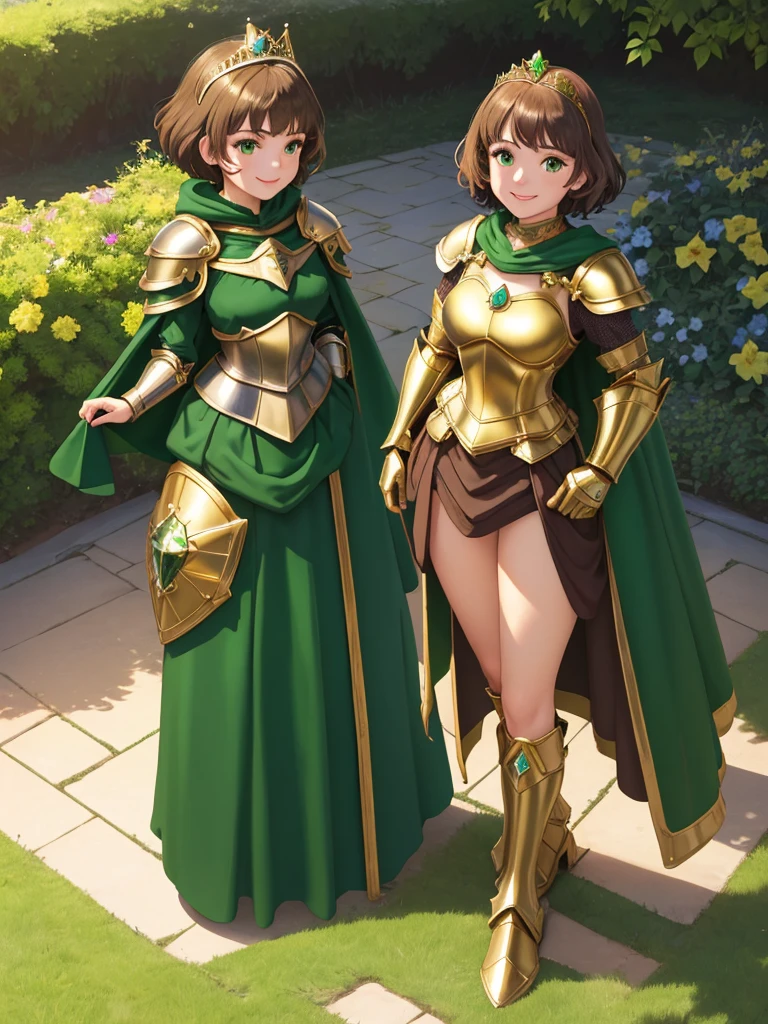masterpiece, best quality:1.2), 1girl, smile, looking at viewer, green eyes, short brown hair, princess, armor, , pauldrons, armored dress, green cloak cape, wearing puffy blue ballgown skirt, golden tiara with green gem, armored boots, fingerless gloves, standing in medieval garden