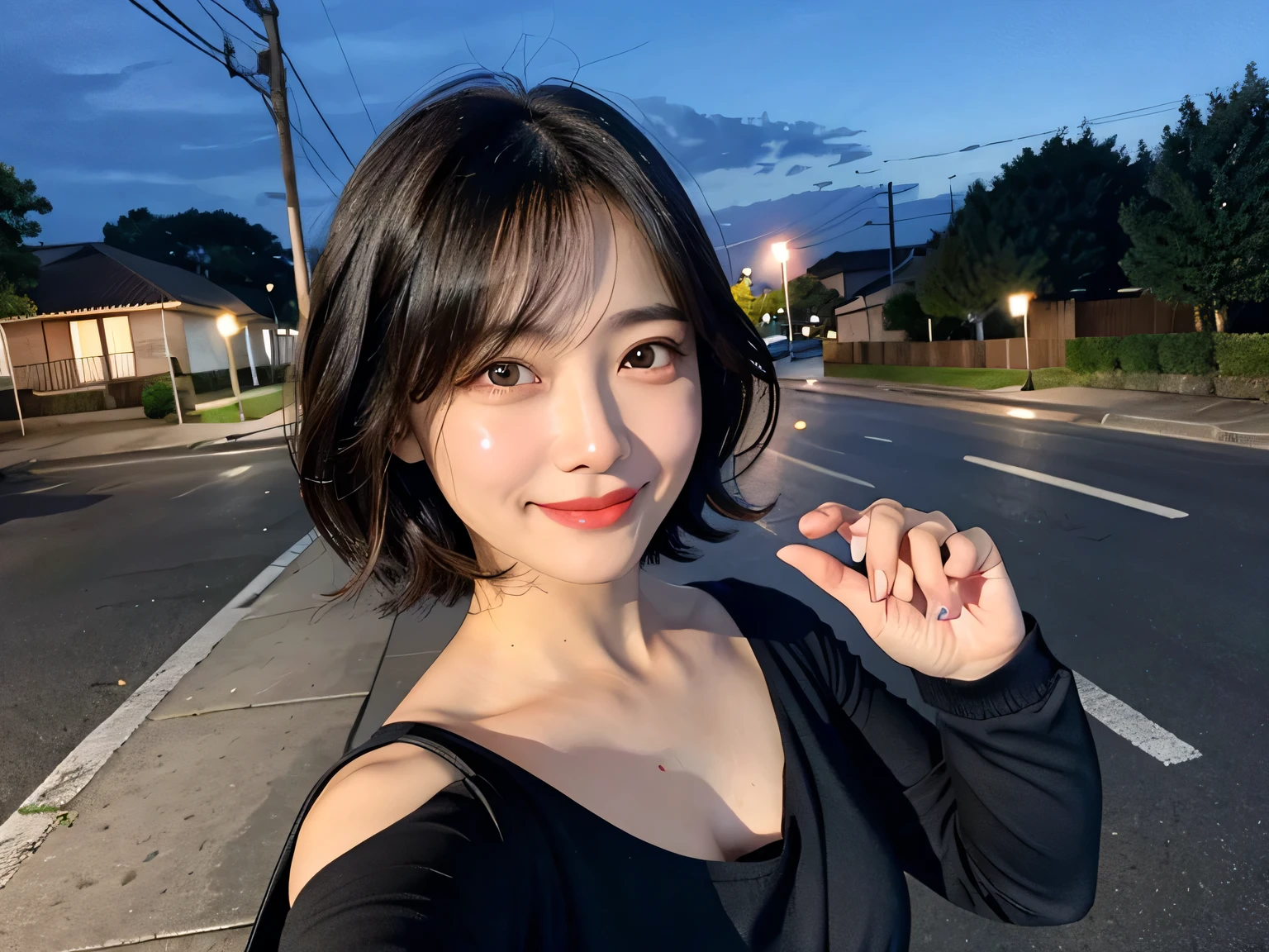 night、50 years old、Beauty、Dripping sweat、dress、Selfie、Light eye makeup、Black hair color、flat 、Hair blowing in the wind、short hair、Long sleeve、smile