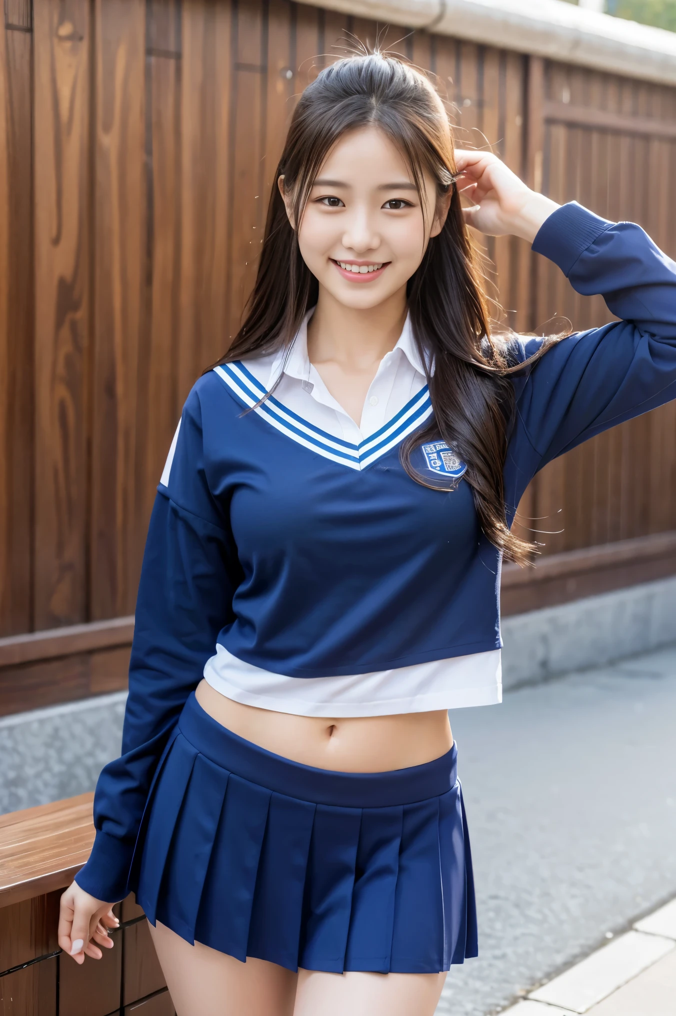 (8k), (highest quality: 1.2), (realistic), (realistic: 1.37), ultra high resolution, 1 girl, cute, smile, closed mouth, beautiful details, beautiful nose, whole body, wet hair, giant dulcefo, pork, school uniform, thighs,Navel exposed,