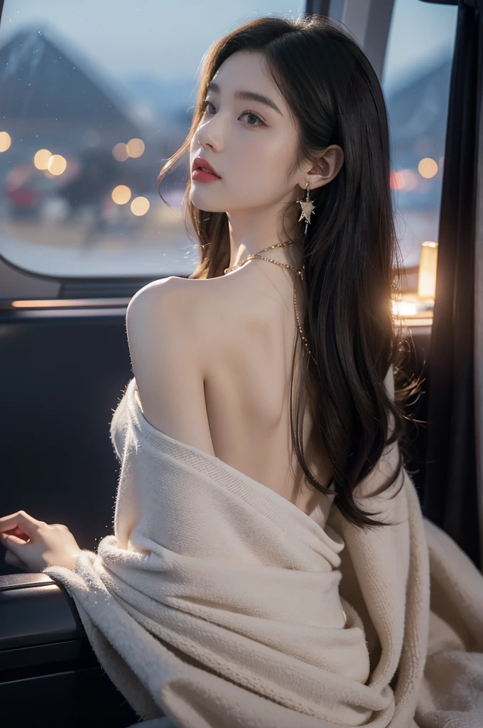 (((best quality))),(((ultra detailed))),(((masterpiece))),illustration,(a beautiful girl,female passenger,solo),(parted red lips),((slim,thin)),((bare back,towering hips,butt crack)),((earrings,crystal necklace)),(slender legs:1.2),summer night,((in airplane,economy class,indoor)),(blanket over shoulders:1.3),((dress)),(shoulder length straight bob hair:1.2),stars,moonlight,smooth flight,engine sound,lullaby,relaxed,excited,laughing,visiting family,comfortable seats,soft fabric,headrests,adjustable,beauty of night sky,dimmed lights,sleeping passengers,movies,personal screens,staying awake,magic of sky,joy of being with family,memorable journey,adventures,(surrounded by crowded crowds:1.3),(Outside the window is high-altitude night view:1.2),((from back,upper body))