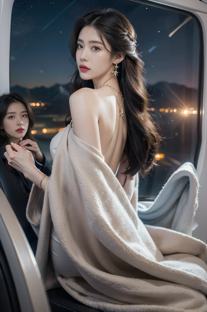 (((best quality))),(((ultra detailed))),(((masterpiece))),illustration,(a beautiful girl,female passenger,solo),(parted red lips),((slim,thin)),((bare back,towering hips,butt crack)),((earrings,crystal necklace)),(slender legs:1.2),summer night,((in airplane,economy class,indoor)),(blanket over shoulders:1.3),((dress)),(shoulder length straight bob hair:1.2),stars,moonlight,smooth flight,engine sound,lullaby,relaxed,excited,laughing,visiting family,comfortable seats,soft fabric,headrests,adjustable,beauty of night sky,dimmed lights,sleeping passengers,movies,personal screens,staying awake,magic of sky,joy of being with family,memorable journey,adventures,(surrounded by crowded crowds:1.3),(Outside the window is high-altitude night view:1.2),((from back,upper body))