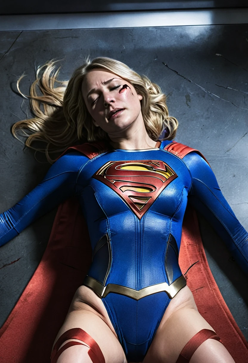 1girl, supergirl laying on her back, highest quality, masterpiece, huge breasts, big nipples, futanari, scars on body, wounds on body, injured face and body, ((Torn costume)), supergirl bodysuit, screeming in pain, stabbed on chest, wounds on body, bleeding breast, rolled eyes, blue suit, Superman logo on chest, ((bruises on body)), dark lab desk