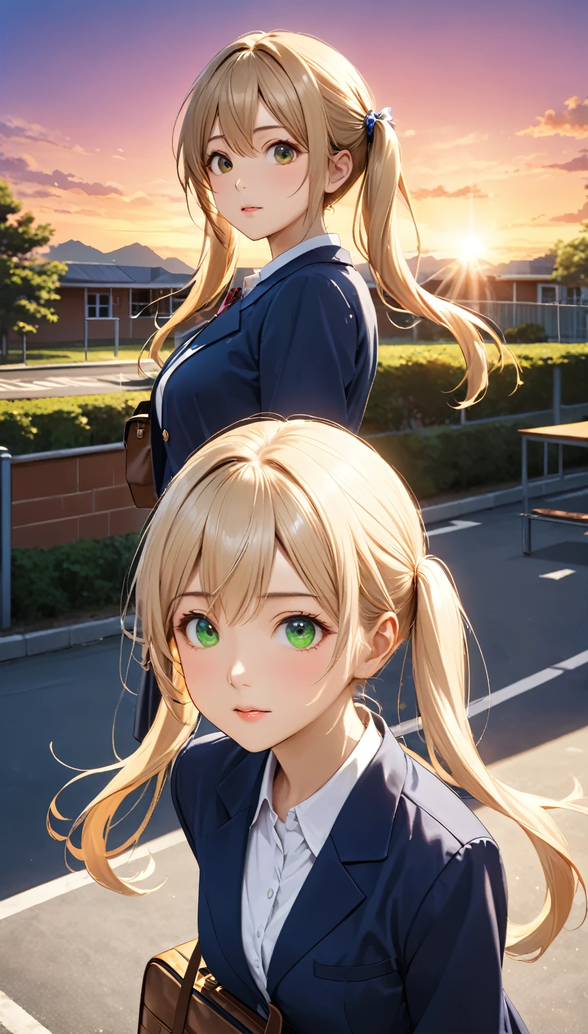 Highest quality, Highest quality, 16K, Unbelievably absurd, Very detailed, 2.5D, delicate and dynamic, School, Schoolyard, after school, sunset, Vivid sky, 小さなかすかな光と色Vivid sky気, School bag, Small face, Very delicate facial expressions, Delicate eye depiction, Upper body close-up,, erotic, dynamic sexy poses, One sexy woman, Healthy body shape, -yeld fee, student, Height: 170cm, big firm bouncing busts, , blonde long hair, twin tail, Landscape, Looking back towards the camera, Looking up, Navy blue blazer, White shirt, Green skirt, knee high socks, Brown Loafers, Schoolyardに一人で立っている