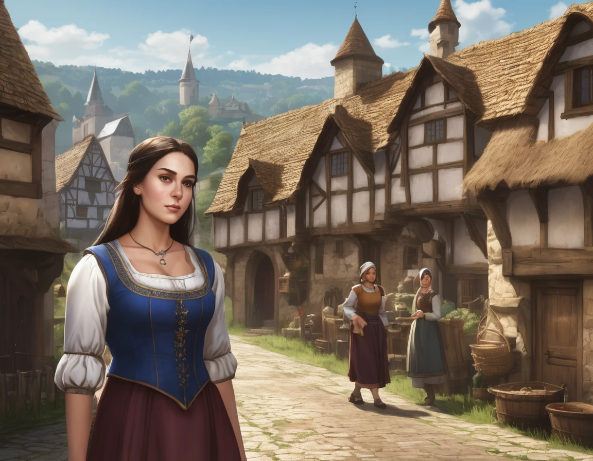 Medieval village, village houses in foreground, manor in background, villager in foreground, young woman, huge breasts, simple clothes