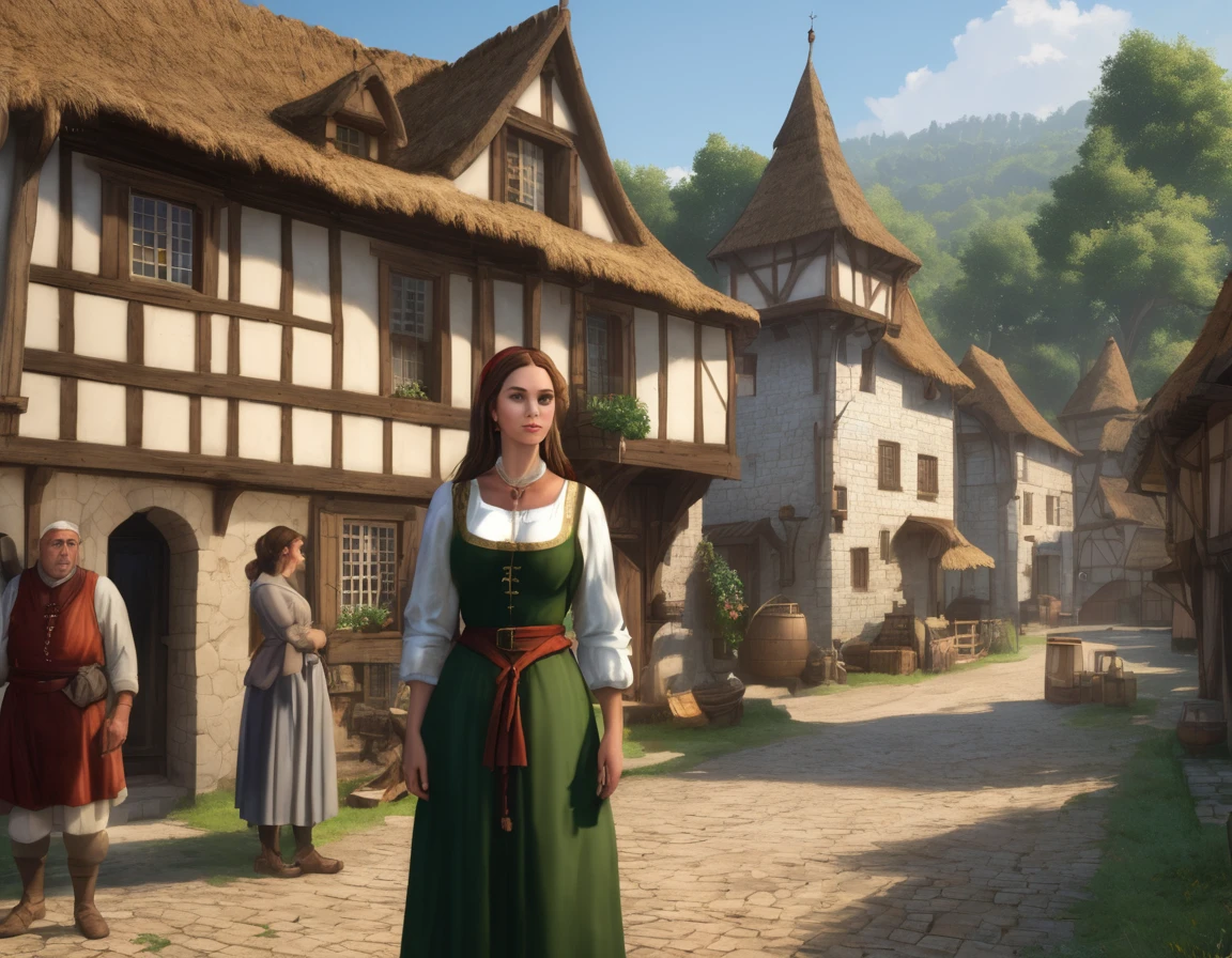 Medieval village, village houses in foreground, manor in background, villager in foreground, young woman, huge breasts, simple clothes