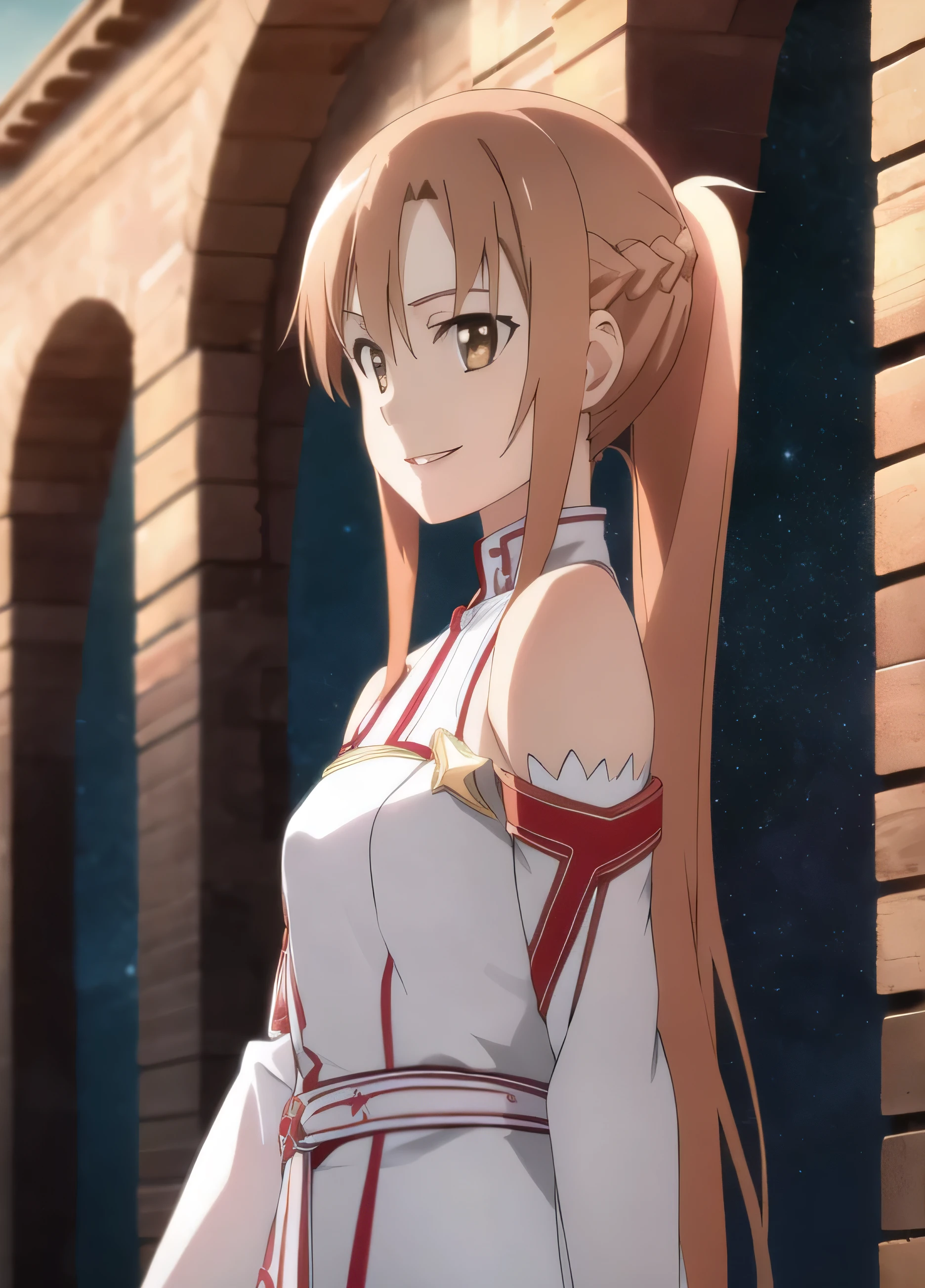 star anime style asuna \(star\), One girl, Asymmetrical bangs, Bare shoulders, Braiding, Brown eyes, Brown Hair, Removable sleeves, dress, Hair between the eyes, knights of blood uniform \(star\), Lambent Light, Long Hair, Long sleeve, Look to the side, Part your lips, Rapier, Short Ponytail, Outdoor, No sleeve, No sleeve dress, smile, alone, Upper Body, white dress, White sleeves, ((masterpiece))