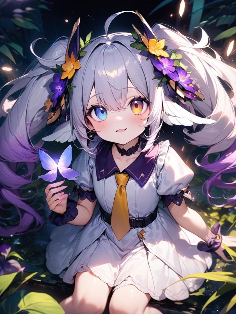 pretty, anime, pastel, neon, vtuber-fullbody vtuber-halfbody, kawaii Masterpiece, young woman, sitting down, parted lips, black eyes, fluffy curly hair, bangs, ahoge, light brown hair, rosy cheeks, short sleeve, black and purple dress, puffy sleeves, black gloves, purple ribbons, ((faded iris)), myceliumtech, scifi, Mycelia, spongy, PsychedelicMasterpiece, ((Faded iris)), flowers, smile, water effect, ahoge, looking up, upper view, yuki miku, very long blue hair, twintails, hair ornament, blue eyes, kawaii looking upupper viewhair ornament(masterpiece:1.2), (hires:1.2), (better hands:1.2), beautiful hands, perfect anatomy, holding star, 1boy, antenna hair, choker, white jacket, shoulder-belt, collared shirt, ear piercing, chain earrings, gradient, stars hair ornament, male focus, multicolored hair, purple hair, yellow strands, yellow necktie, (eye1 purple, eye2 yellow, heterochromia), starlight, starMasterpiece, young girl, white hair, fluffy hair, ahoge, medium length hair, bird feathers, sky, jungle, feather ears, white bird wings, vibrant colors, flowers, flower crown, leaves, white silk dress, detailed sleeves, strewn plants, hair over eyes, butterfly style, more_details:-1, more_details:0, more_details:0.5, more_details:1, more_details:1.5, (((ultra detailed))), softcore, kawaii,