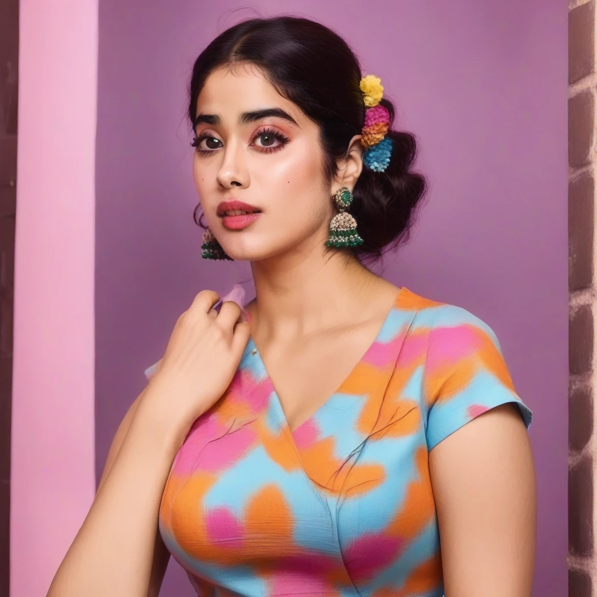 JanhviKapoor, A captivating image of a woman wearing a vintage-inspired outfit, reminiscent of the fifties or sixties. The woman's clothing is embellished with intricate TGIF patterns and textures, and the vibrant colors of her hair blend seamlessly with the vintage elements. Her expression is serene and determined, while the background is a vibrant, vibrant mix of vibrant colors. wide aperture, standard lens, high contrast