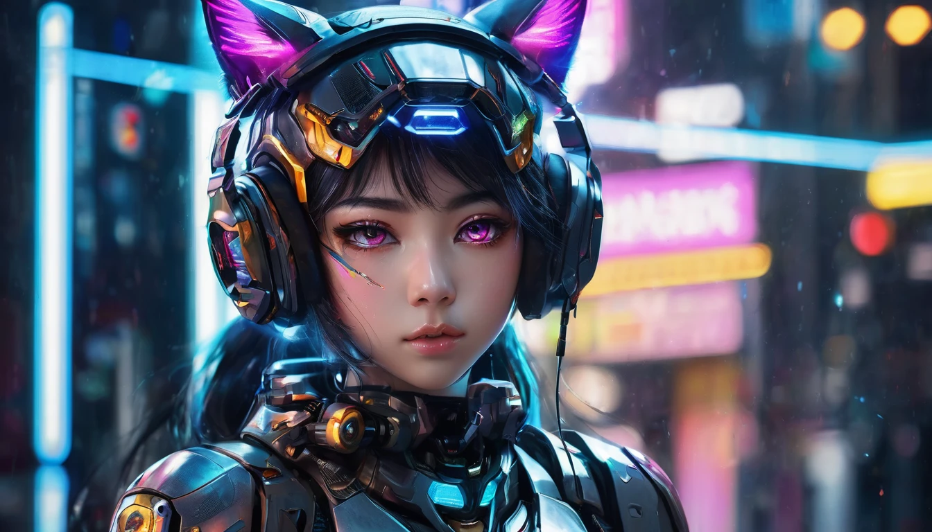 1girl, cute cyborg girl, beautiful detailed eyes, beautiful detailed lips, extremely detailed eyes and face, longeyelashes, futuristic outfit, cat ears, headphones, digital cyberpunk anime art, cyberpunk anime, female cyberpunk anime girl, beutiful girl cyborg, perfect android girl, anime cyberpunk art, portrait anime space cadet girl, dreamy cyberpunk girl, girl in mecha cyber armor, (best quality,4k,8k,highres,masterpiece:1.2),ultra-detailed,(realistic,photorealistic,photo-realistic:1.37),HDR,UHD,studio lighting,ultra-fine painting,sharp focus,physically-based rendering,extreme detail description,professional,vivid colors,bokeh,concept artists