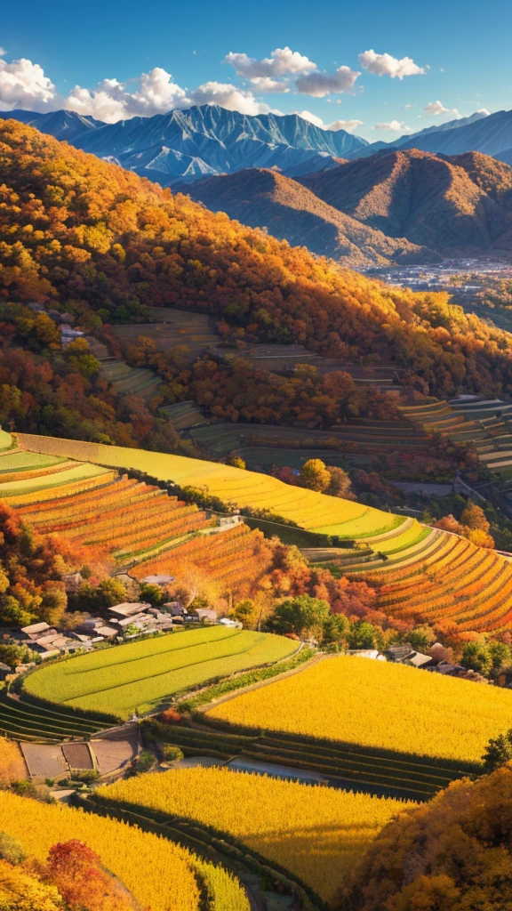 Terraced fields on the hillside，The brilliant autumn colors unfold like a picture scroll，The golden rice sways in the breeze，The mountains in the distance are verdant。