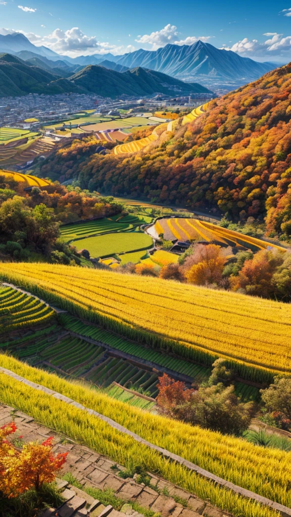 Terraced fields on the hillside，The brilliant autumn colors unfold like a picture scroll，The golden rice sways in the breeze，The mountains in the distance are verdant。