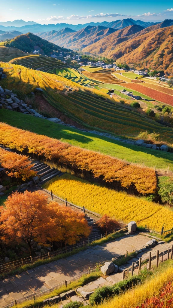 Terraced fields on the hillside,The brilliant autumn colors unfold like a picture scroll,The golden rice sways in the breeze,The mountains in the distance are verdant。