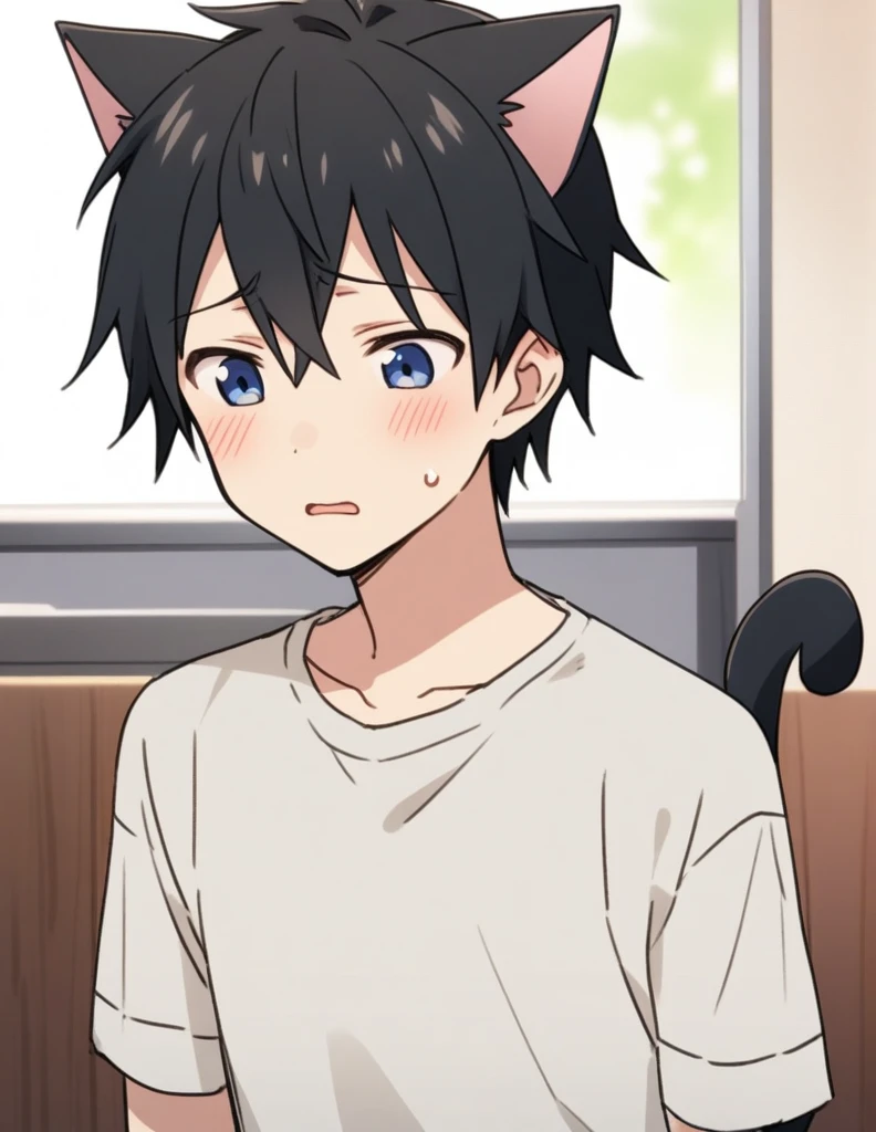 Cute cat boy,black cat ears,shy,cute,black hair,black cat tail,anime boy,manga