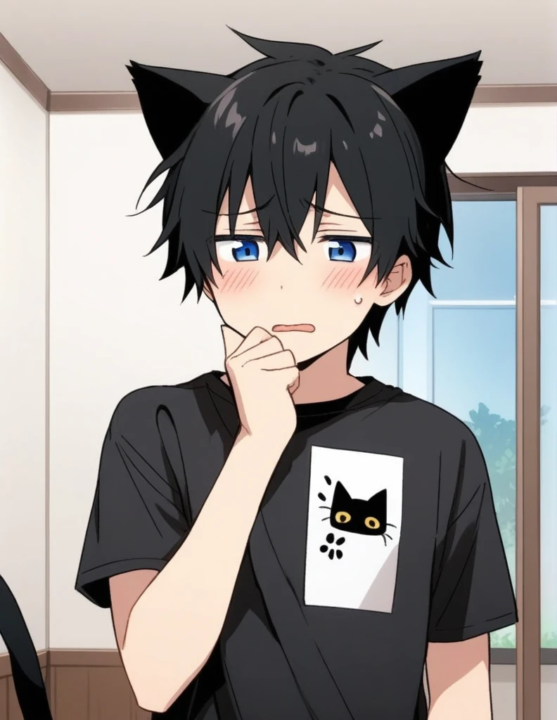 Cute cat boy,black cat ears,shy,cute,black hair,black cat tail,anime boy,manga