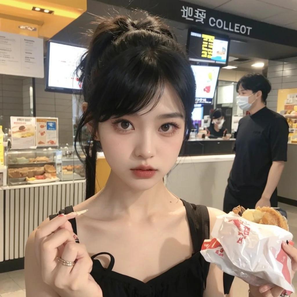 Korean girl with long black hair, straight and with bangs. Ulzzang girl with gothic style and soft face. He has black hair with bangs and pale skin.. She wears a short black blouse. She is eating and holding a hamburger in one of her hands. 