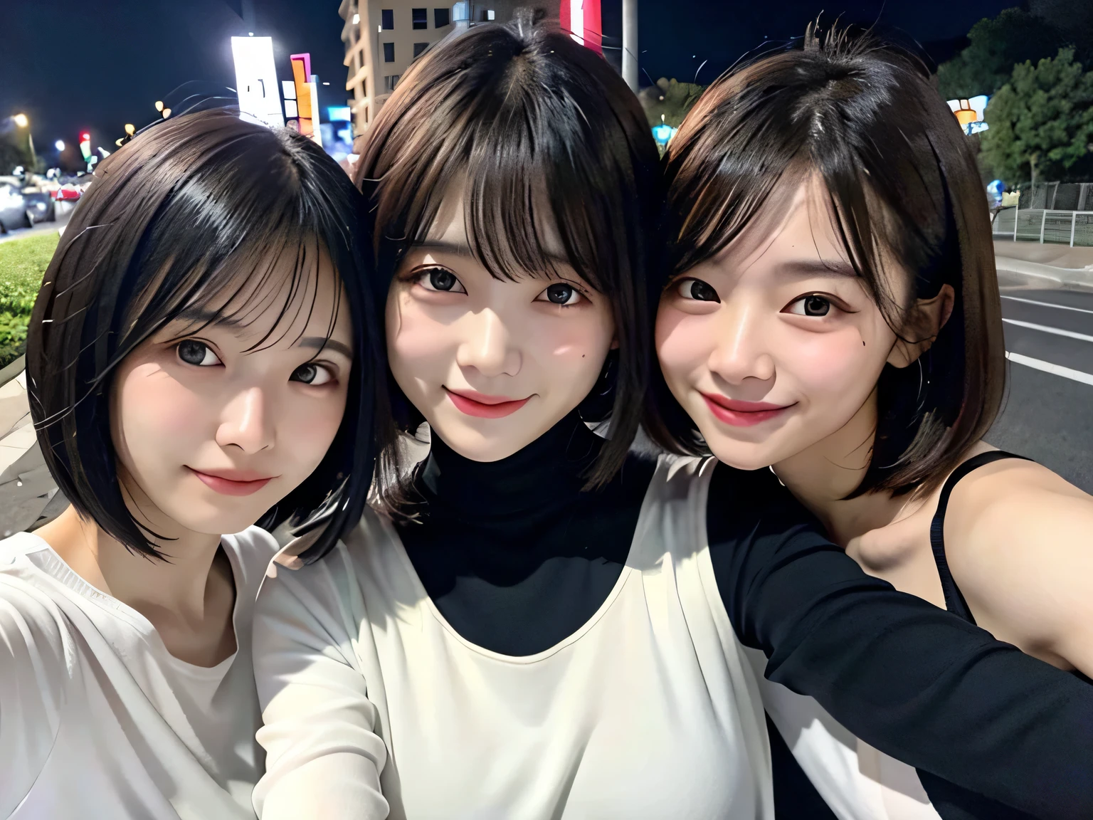 night、50th Generation、female、Dripping sweat、dress、Selfie、Light eye makeup、Black hair color、flat 、Hair blowing in the wind、short hair、Long sleeve、smile