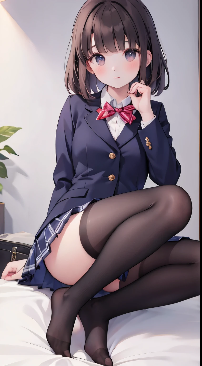 finest, masterpiece, High resolution, (Full body view from head to toe), Composition from slightly below the front, Symmetrical, 18 years old, slim and beautiful girl, alone, (small breasts), (not wearing shoes),Unkempt brown hair, bangs, (black tights), (black pantyhose), tied up with both arms hidden behind the back, , blush, shy big eyes, looking at camera, blazer uniform, plaid pleated skirt、Panties around ankles、Black knee-high socks