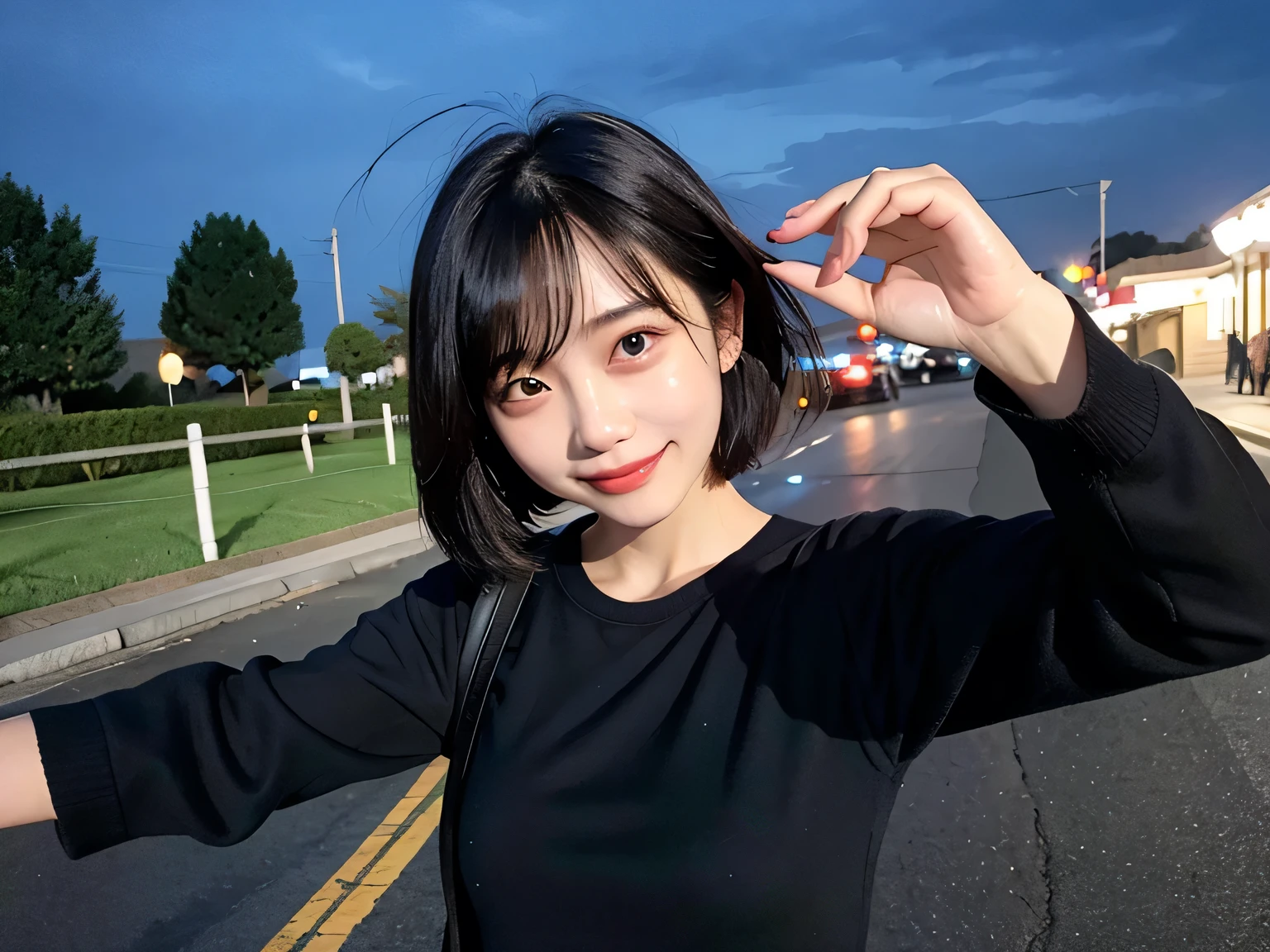 night、50th Generation、female、Dripping sweat、dress、Selfie、Light eye makeup、Black hair color、flat 、Hair blowing in the wind、short hair、Long sleeve、smile