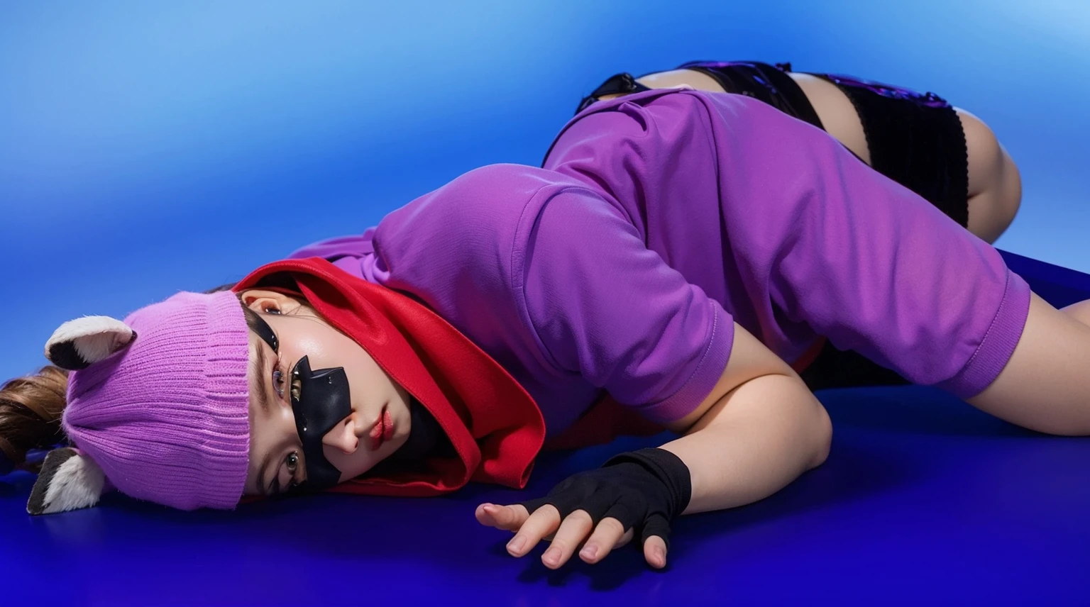 This image depicts a person lying on a blue surface with a gradient blue background. The individual is dressed in a vibrant purple outfit, consisting of a purple shirt and shorts. They are also wearing a red scarf around their neck and a purple beanie hat with gray ears attached, resembling a costume. The person has black face paint around their eyes and nose, similar to a raccoon mask, and they are wearing black fingerless gloves. The overall appearance suggests a playful or whimsical costume, giving the impression of a character or a playful scenario. мультяшный рендеринг ключевого кадра, милый 3D рендеринг,,Create ultra sharp glossy цветной рендеринг zbrush. perfect cgi, cgi art created only with gradients, smooth silhouette, Create ultra sharp skin, high intensity refraction, (plastic material), most beautiful vfx, blue background, plastic refractions, glossy texture, smooth 3d model, multiple light sources, rim light, sharp post effects render, (glossy plastic texture with multiple big light probe refractions), perfect cgi, cgi art created only with gradients, smooth silhouette, high intensity refraction, (plastic material), most beautiful vfx, blue background