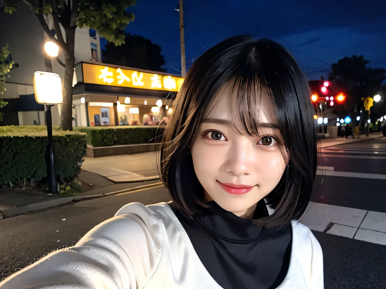 night、36 years old、female、Sweat、dress、Selfie、Light eye makeup、Black hair color、flat 、Hair blowing in the wind、short hair、Long sleeve、smile