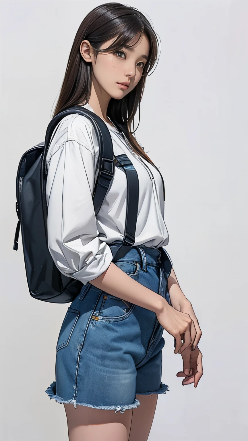 ((masterpiece,best quality;1.3,best illustration)),cowboy shot、1 woman wearing a white headset、 attractive beauty、carrying a black backpack、Road、seoul、denim micro shorts、Hold the headset with your hands、