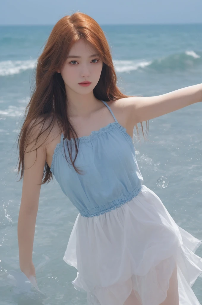 (masterpiece, best quality), ((1girl, solo, long hair)), Ishmael_limbus, innocence expression, bare arms, bare shoulders, bare neck, watercolor, sundress, liquid clothes, water, waves, water dress, blue_theme, night, mist, dark, sharp focus, sea, see-through dress, orange hair