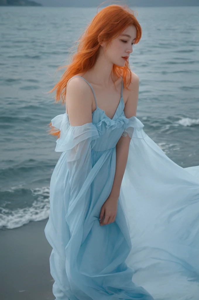 (masterpiece, best quality), ((1girl, solo, long hair)), Ishmael_limbus, innocence expression, bare arms, bare shoulders, bare neck, watercolor, sundress, liquid clothes, water, waves, water dress, blue_theme, night, mist, dark, sharp focus, sea, see-through dress, orange hair