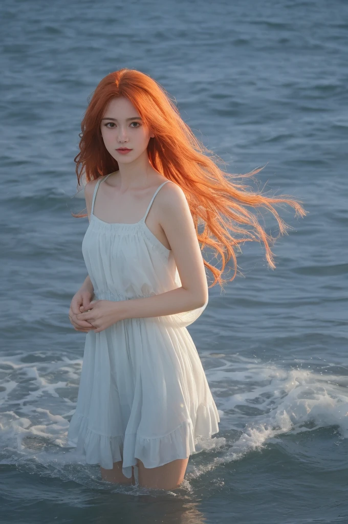 (masterpiece, best quality), ((1girl, solo, long hair)), Ishmael_limbus, innocence expression, bare arms, bare shoulders, bare neck, watercolor, sundress, liquid clothes, water, waves, water dress, blue_theme, night, mist, dark, sharp focus, sea, see-through dress, orange hair