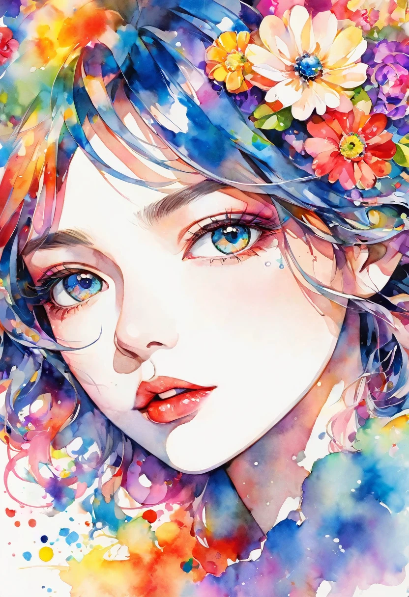 beautiful woman portrait, Sylvia Pelissero watercolors, colorful flowers、beautiful eyes、 abstract art, intense watercolor, watercolor detailed art, watercolor splash, surreal, avant-garde pop art, Beautiful and expressive paintings, Beautiful artwork illustration, very colorful tones, wonderful, cool beauty, highest quality,official art, women only, sharp outline, best shot, vector art, lips in love、 (((The strongest beautiful women of all time))), (((Japanese)))、clear, (((highest quality))), lips in love, HDR, ((Detailed details)), stylish fashion, detailed clothing texture, (((graffiti art))), colorful hair, ((masterpiece))、((Super detailed))