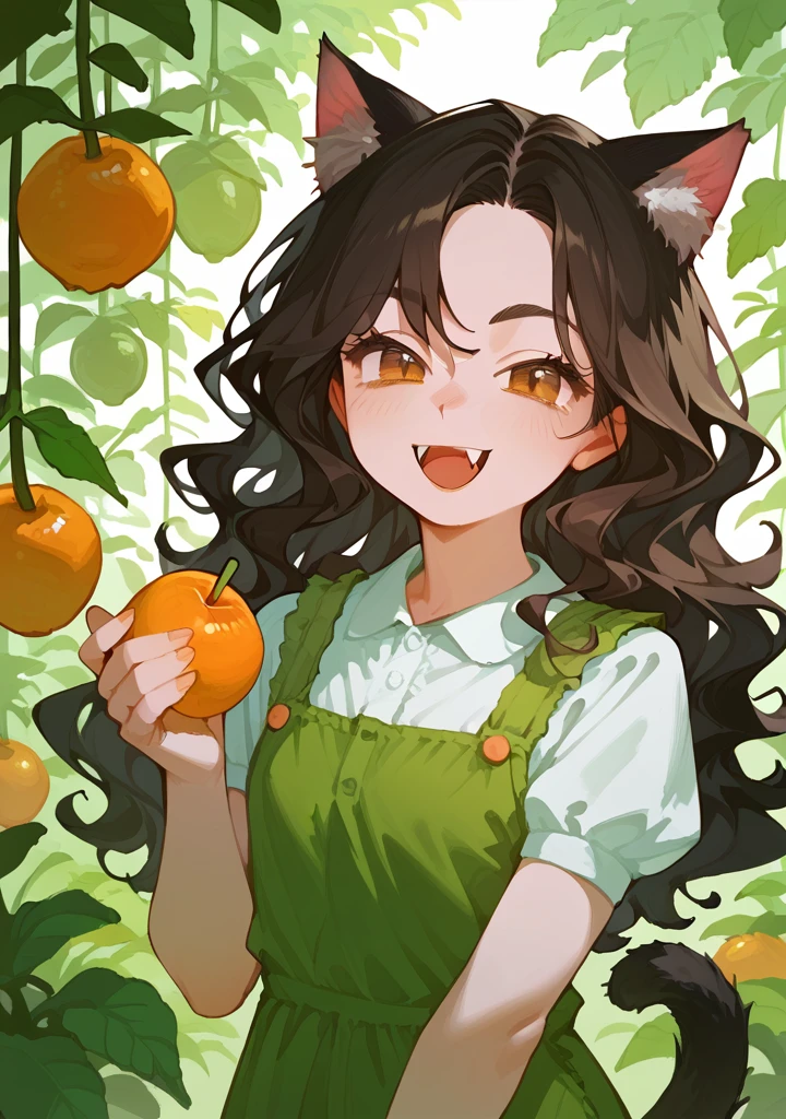 Half body, girl,  A pretty woman, long black wavy hair, Brown eyes, gardener  clothes, cat ears and tail, fangs, surrounded by different fruits 