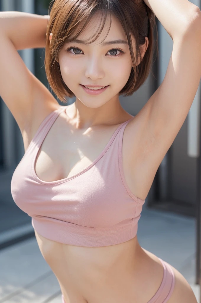 (8K, RAW Photos, Highest quality, masterpiece:1.2), Super detailed, Ultra-high resolution, (Realistic, Photorealistic:1.37), High-definition RAW color photos, Professional photos, Very delicate and beautiful, Very detailed, 8k wallpaper, (Beautiful and detailed eyes)、(Beautifully detailed face),Anatomically correct body shape, Natural Light, Full Body Shot, woman、Japanese、20-year-old, Blonde Hair、short Hair、 (A shy smile:1.3), Fine and beautiful skin、Skin Texture、 (Slim waist:1.2)、(E cup bust:1.21), (pink,Tank Top、nipple:1.25),( Armpit is visible:1.2), (arm up:1.3), Sharp focus、The background is a realistic street