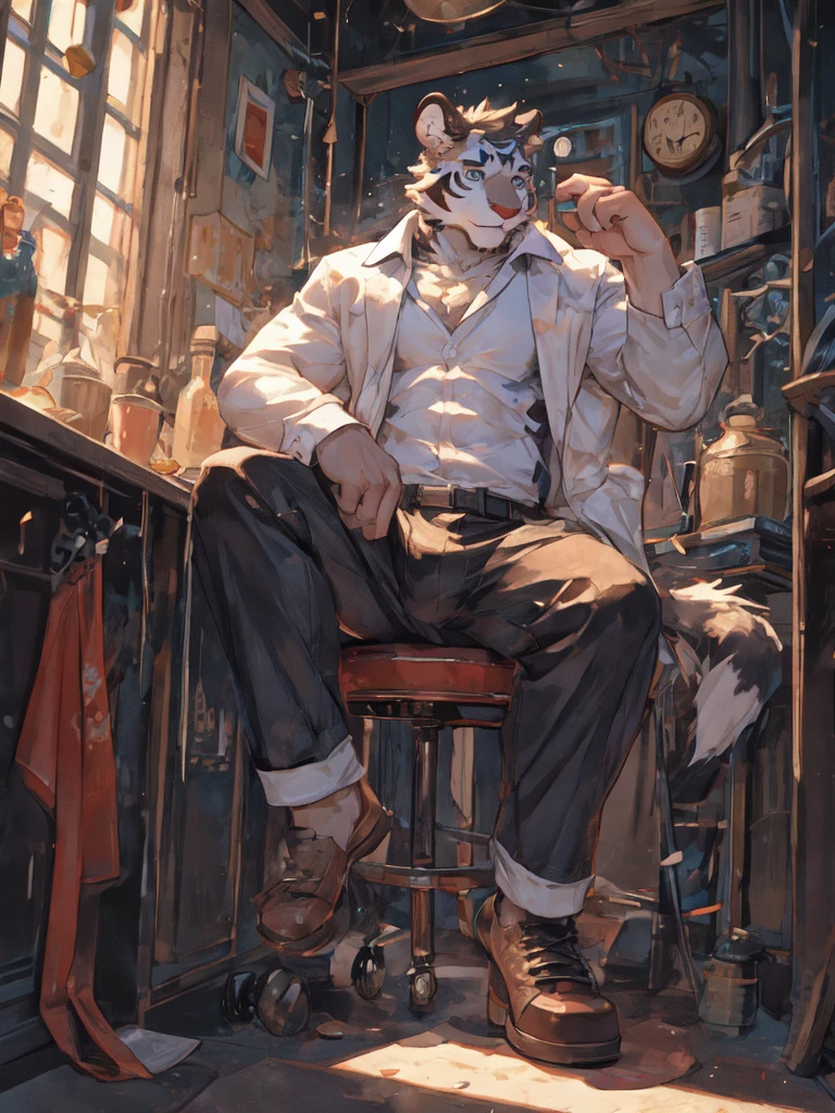 {{bara extremely handsome white tiger,}} {{white fur,}} white, wearing military like purple trench coat, purple trousers, white dress shirt and necktie, white fluffy furry body and limbs, loafers, very tall, very broad shoulders, narrow waist, muscular arms, massive pecs, purple eyes, very long legs, sitting on swivel chair with legs spread, perspective, massive bulge, reading file, sophisticated hot look, sexy pose, full body, sunlight casting over, 3/4 view, best quality, high quality, silver earring on left ear, sultry smirk