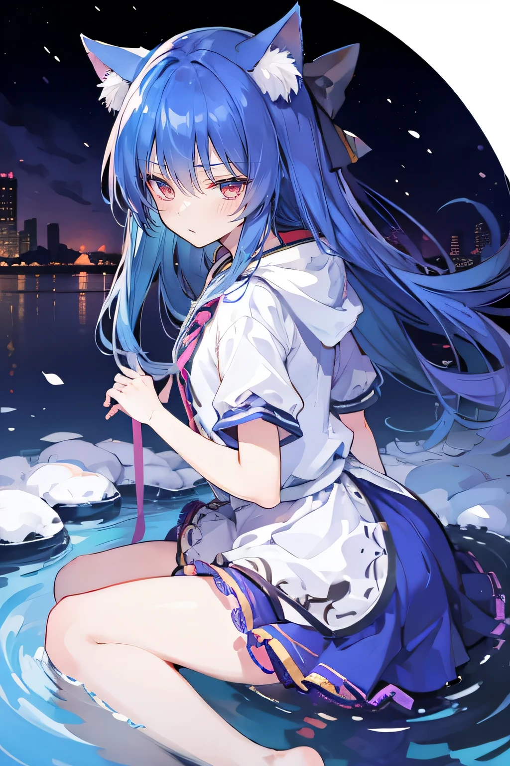 (masterpiece:1.2),Super detailed,lifelike,Expressive eyes,fair skin,perfect face shape,1 girl,
Japanese comics,Gorgeous blue hair,flowing blue hair,flowing clothes,Cat ears,Petals fall,beautiful lola,Baby Angel,
Shaking head with one hand,Cross your legs,Gentle and peaceful background,The pavilion is cool and comfortable,smile, wearing hoodie, background of tokyo,back views,snowing, winter,lie on the water,Lying on the ground。