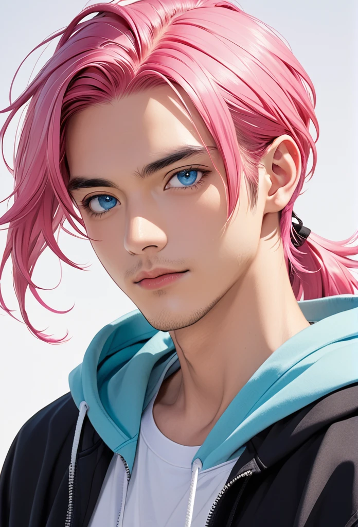 man, pink hair, medium length hair, ponytail, blue eyes, hoodie