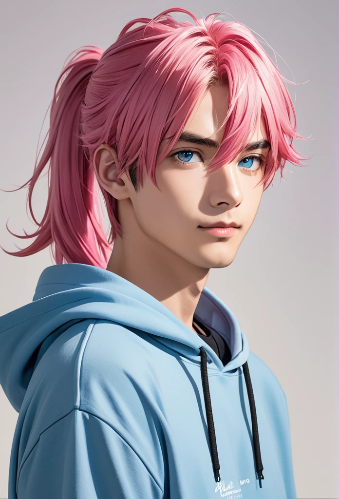 man, pink hair, medium length hair, ponytail, blue eyes, hoodie 