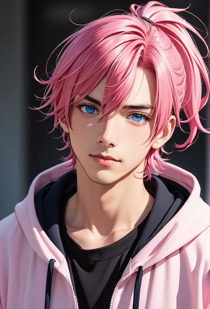 man, pink hair, medium length hair, ponytail, blue eyes, hoodie