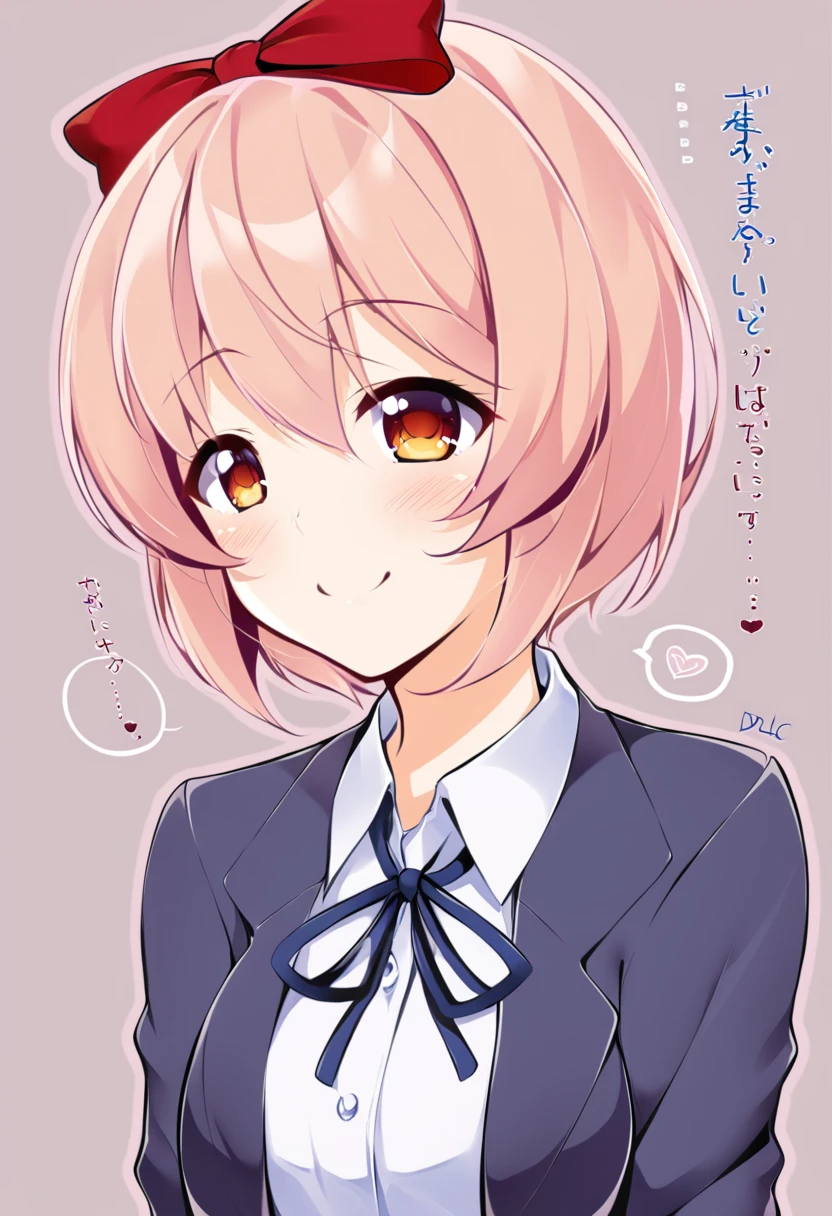 one girl, Sayori, hair bow, short hair, school blazer, DDLC, cute, smile, I stroke her head