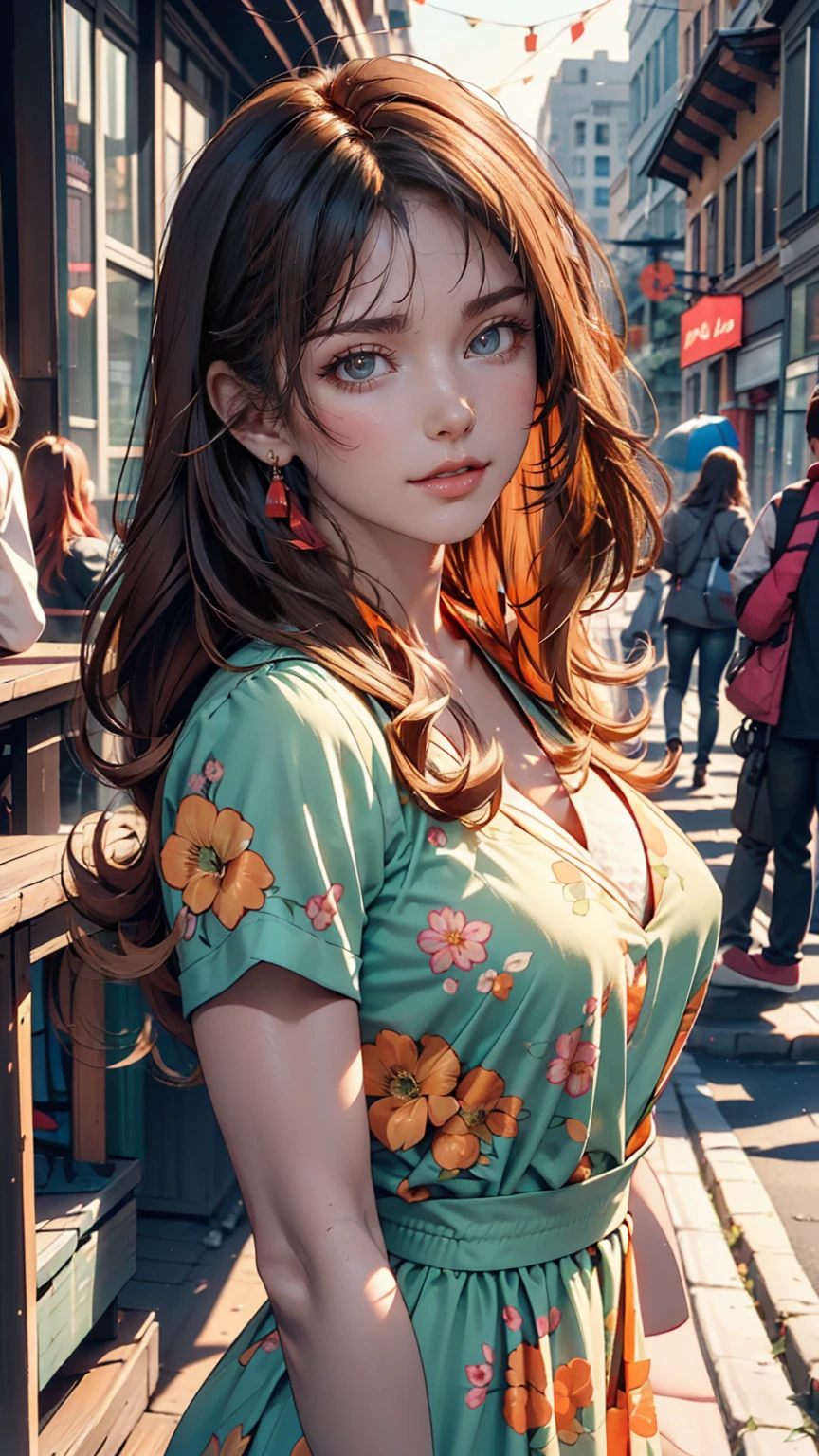 masterpiece portrait of a woman in Montreal at dawn, Long Hair, Cute orange curly hair, smile, Green Eyes, freckles, Floral print, dress, dawn, neon, light, caustic, Lens Reflection, ((alone)), Ishmael_edge