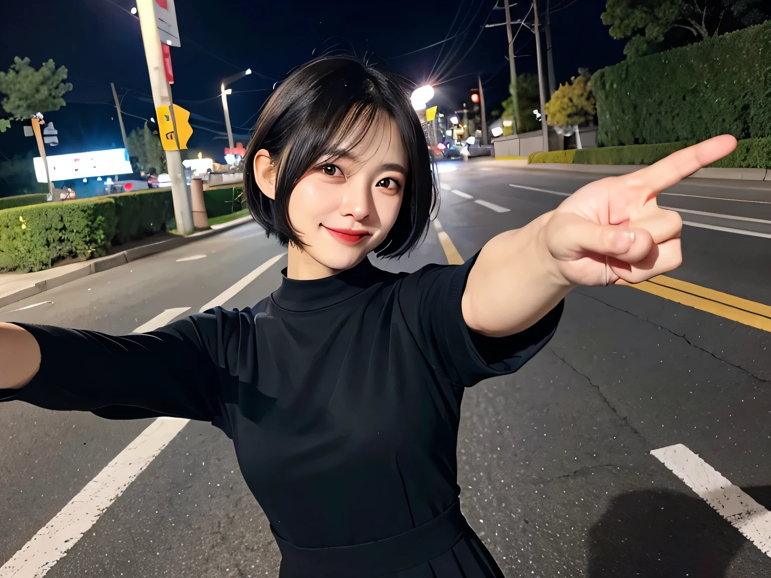 night、40 years old、female、Sweat、dress、Selfie、Light eye makeup、Black hair color、flat 、Hair blowing in the wind、short hair、Long sleeve、smile、Fighting Pose