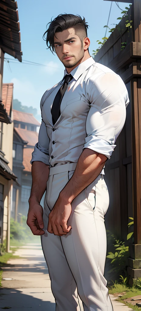 masterpiece, best quality, Face, Natural Eyes, European, Bigfoot, Black socks, whole body, White shirt ,Black suit pants,Big bulge, Long legs, Looking at the audience, 30 years old, muscular and mature, Slim waist, Short hairstyle,blue eyes, rinse, sex, Sweating, Tight cloth, Standing ,Face上有伤疤,Blurred background,Battlefield ruins background,,凶狠的Face