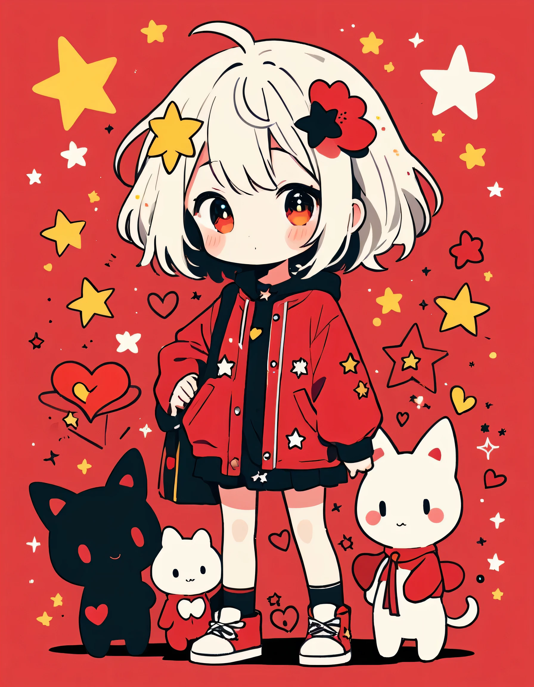 Black Star Red and White style, Simple Line Initialism，Abstract art，Kawaii Design, The most beautiful girl of all time、chibi, The background is star dust, colorful hearts, colorful flowers