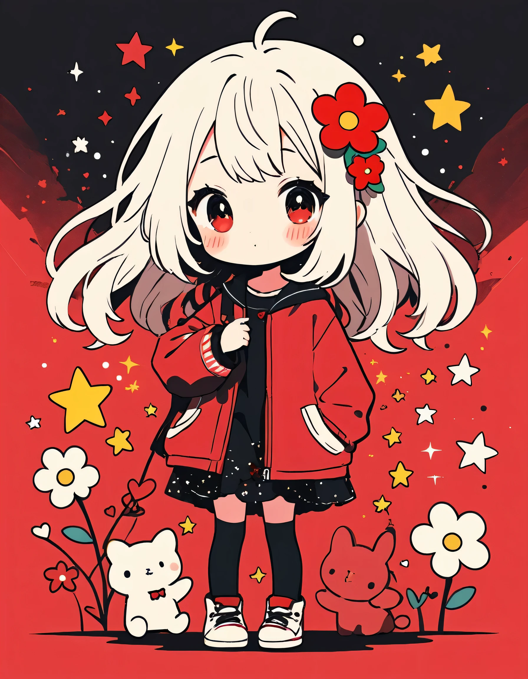 Black Star Red and White style, Simple Line Initialism，Abstract art，Kawaii Design, The most beautiful girl of all time、chibi, The background is star dust, colorful hearts, colorful flowers