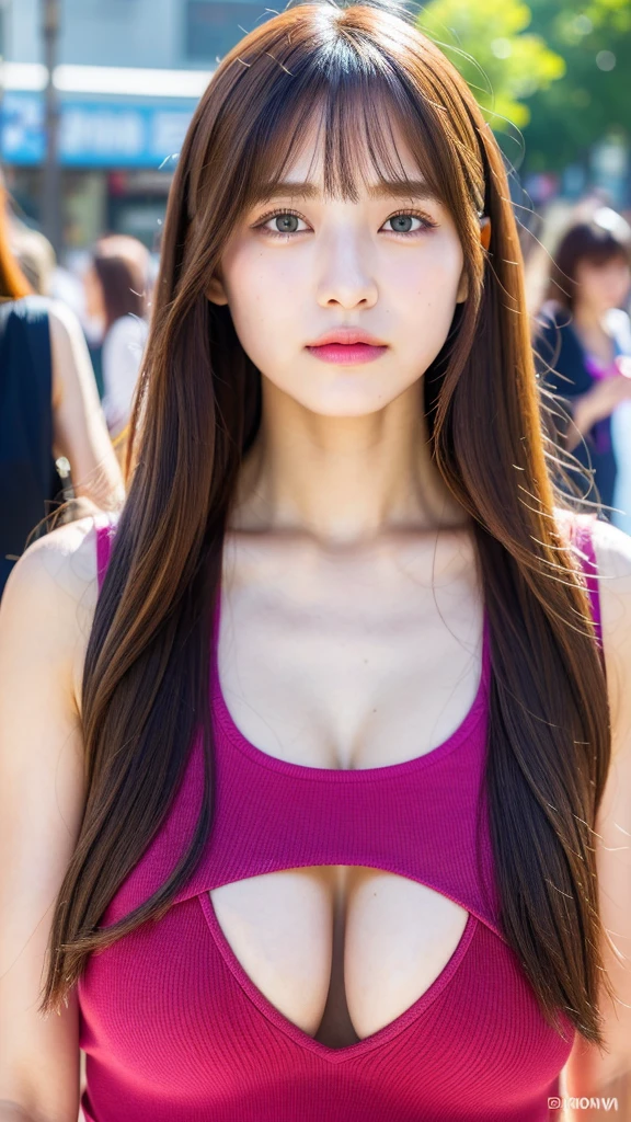 RAW photo, (best quality, 8k, 32k, masterpiece, UHD:1.2), ultra high resolution, (pretty a Korean girl of 13 yeautiful detailed eyes, semi long brown hair, bangs, (wearing magenta tank-top), large breasts, cleavage, portrait, (crowded city boulevard on a bright sunny day:1.2)