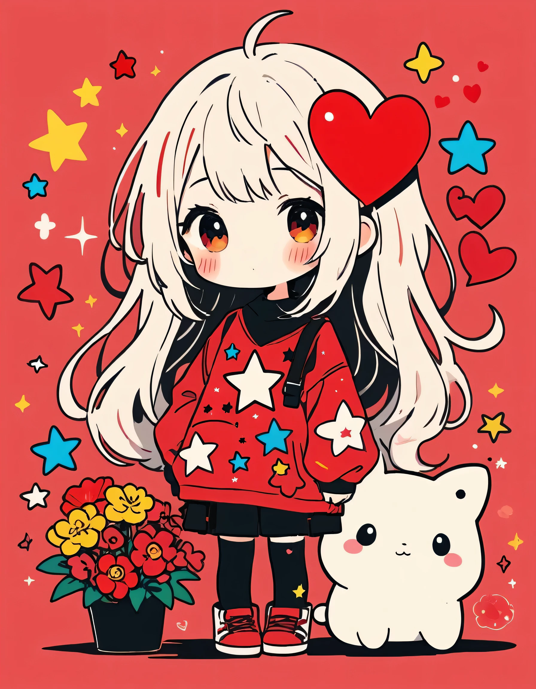 Black Star Red and White style, Simple Line Initialism,Abstract art,Kawaii Design, The most beautiful girl of all time、chibi, The background is star dust, colorful hearts, colorful flowers