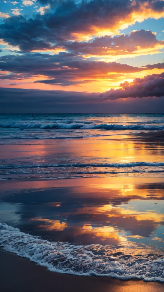 A calm sea,Reflecting the burning clouds,best quality,8K,Shock。