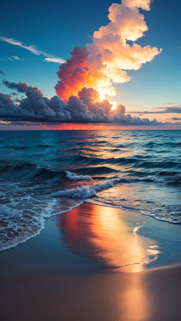 A calm sea，Reflecting the burning clouds，best quality，8K，Shock。